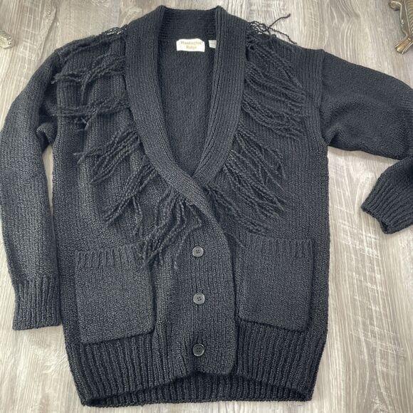 Huntington Ridge M Cardigan Fringe Black Pockets Acrylic Vintage Button Up Women - Picture 1 of 16